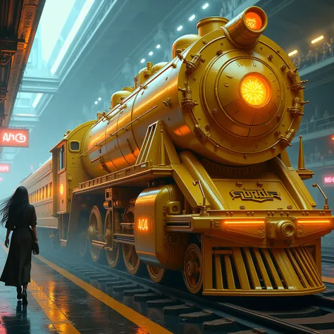 Une locomotive dorée. Il est écrit "404". Des soldats passent. Une femme aux cheveux noirs monte dans un wagon. Style futuriste. neon lights. epic. 4K.