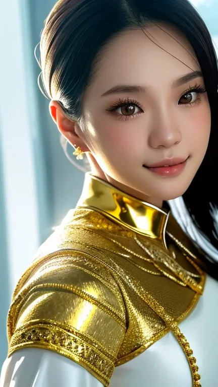 An extreme close-up portrait of a beautiful Thai woman, her skin illuminated by a soft, bright white light that casts pure, clean reflections. The fine gold textures in her clothing stand out against the white tone, creating a striking contrast. From the s...