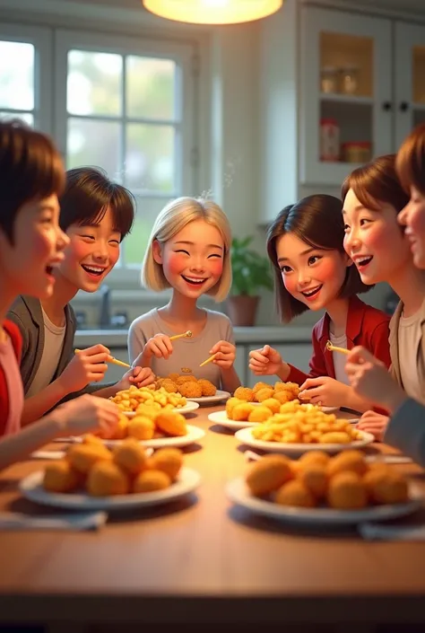 
Creates an image of a group of 6 friends laughing around a table eating nuggets and fries with a background of a kitchen with light tones and lights.