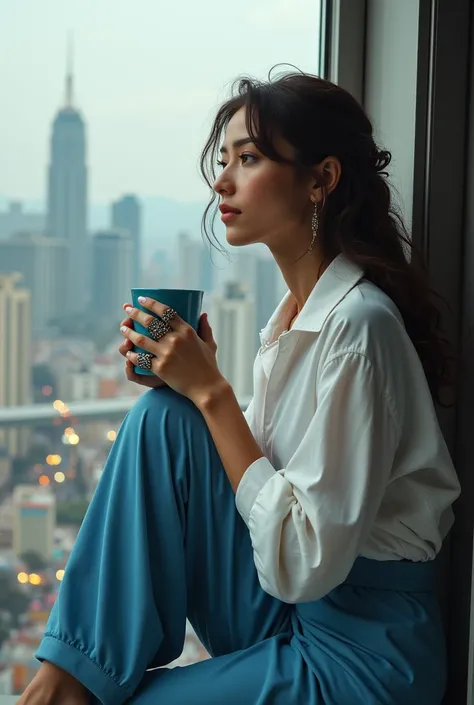 Woman with loose curls , wearing white shirt blue plazo,  wearing Gothic ring, watching busy city from her balcony holding blue coffee mug.  A man in thirties looking her from a distance behind her , he is dusky , little bit bounce hair .