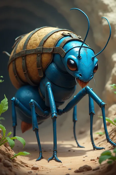 Create a blue Colos ant with a workers backpack 