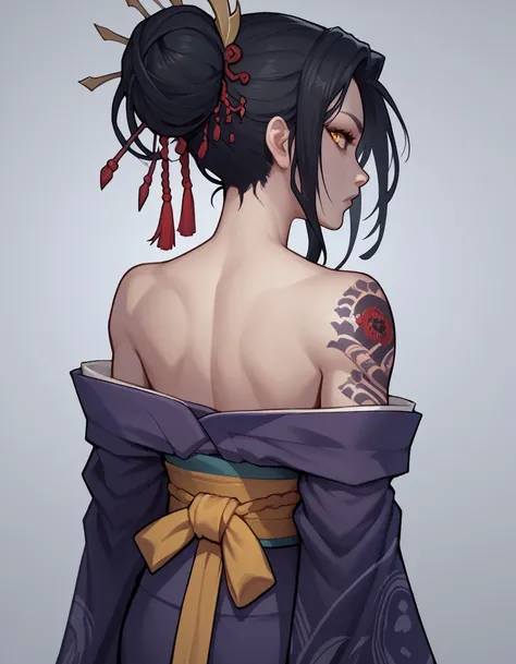 (zPDXL2), (PonyXLV6_Scores), source_anime, Expressiveh, full body portrait shot, asymmetric image, BREAK
lhata4564,
a girl , black hair, skinny, "girl with dragon tattoo", shoulderless kimono, from behind, looking at viewer, over shoulder, amber eyes, long...