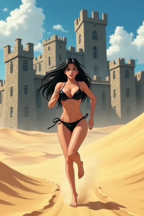  Girl with long straight and black hair , with big boobs ,  narrow waist,  wide hips ,  with big buttocks , Running across the yellow sand of a desert in the background a wall of a gray English castle dressed in a black bikini barefoot with an expression o...