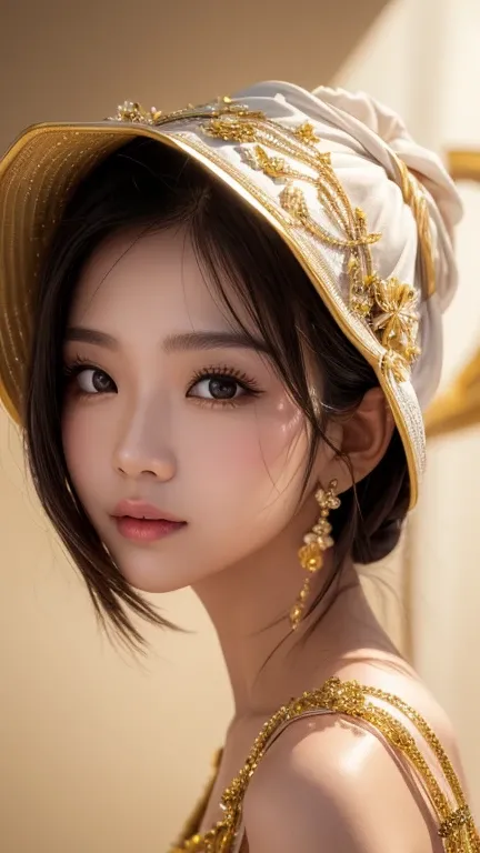 An extreme close-up portrait of a beautiful Thai woman, her skin illuminated by a soft, bright white light that casts pure, clean reflections. The fine gold textures in her clothing stand out against the white tone, creating a striking contrast. From the s...