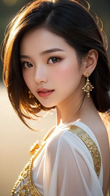 An extreme close-up portrait of a beautiful Thai woman, her skin illuminated by a soft, bright white light that casts pure, clean reflections. The fine gold textures in her clothing stand out against the white tone, creating a striking contrast. From the s...