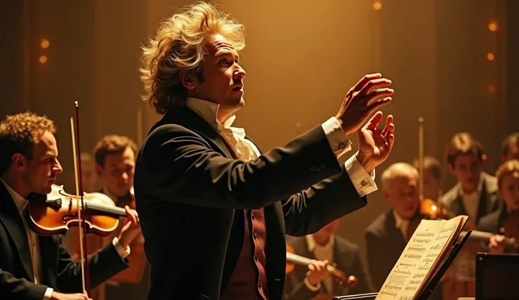 esign a YouTube thumbnail inspired by the climactic scene of Copying Beethoven, set as if it were during Beethovens lifetime. Depict a younger Beethoven in period-appropriate attire, such as a high-collared coat, cravat, and 19th-century styling, passionat...