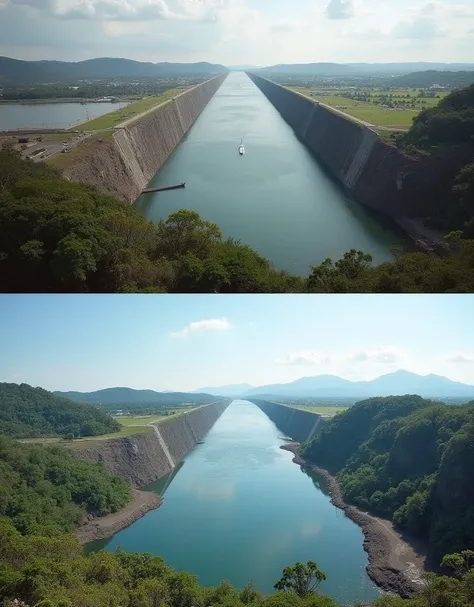  An image of the Panama Canal when it was being built and now as it is today. A before and after 