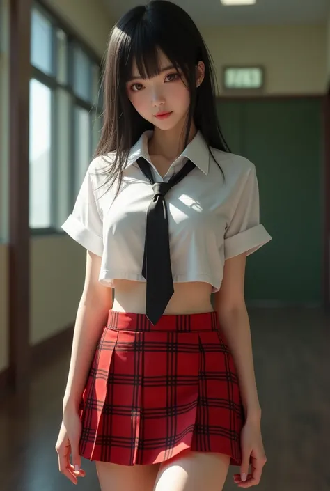  Generates the image of a very realistic Asian girl in a schoolgirl costume looking at the camera very sexy, a red miniskirt with black squares ,  without shoes and with a short white leather shirt and tie that looks very real , That she doesn&#39;t have p...