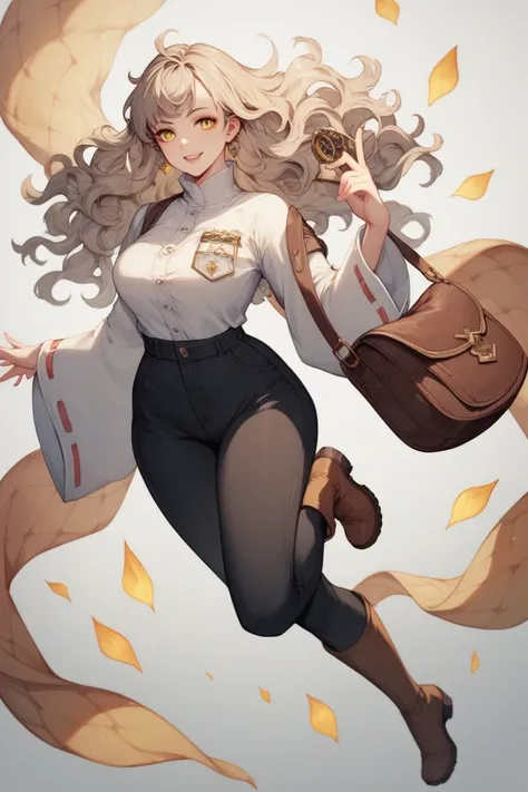  Girl, short, just over five feet, slender figure, thin build, curvy hips. She also has light gray, wavy hair and bright yellow eyes. She is wearing a white shirt with a high collar and long and wide sleeves decorated with patterns. Over the shirt is a bro...