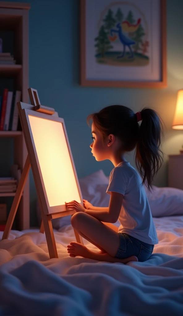 Create a Disney Pixar style medium shot of a girl seated on the floor with a blank canvas propped up in front of her. The setting is a softly lit bedroom. The subject is placed slightly off-center, lost in thought. The point of view is slightly angled. The...