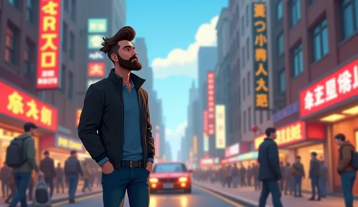 An animated urban scene with Mark, in his full beard and voluminous dark brown hair styled upwards, dressed in a black jacket, blue shirt, and fitted jeans, walking through a vibrant city street. The chaos around him, such as people rushing, cars zooming b...