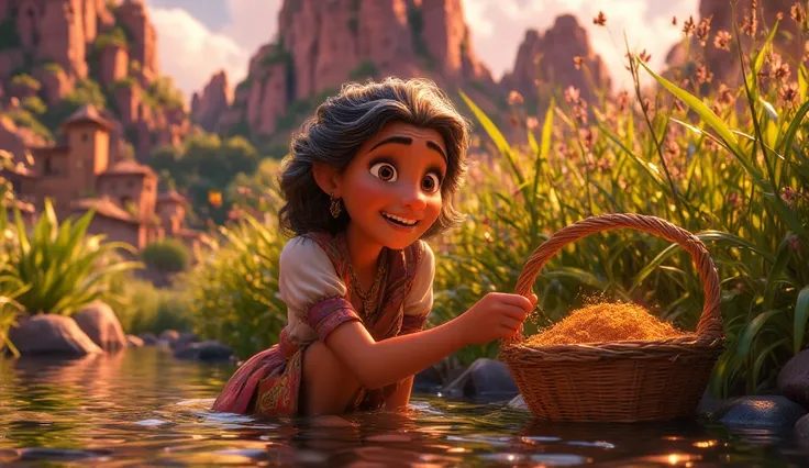 Cinematic realistic style, 4K, Disney Pixar Style, cartoon. A serene riverbank scene where Joquebede gently places a basket into the Nile, her face a mix of hope and sorrow. Tall reeds sway in the breeze. —ar 16:9