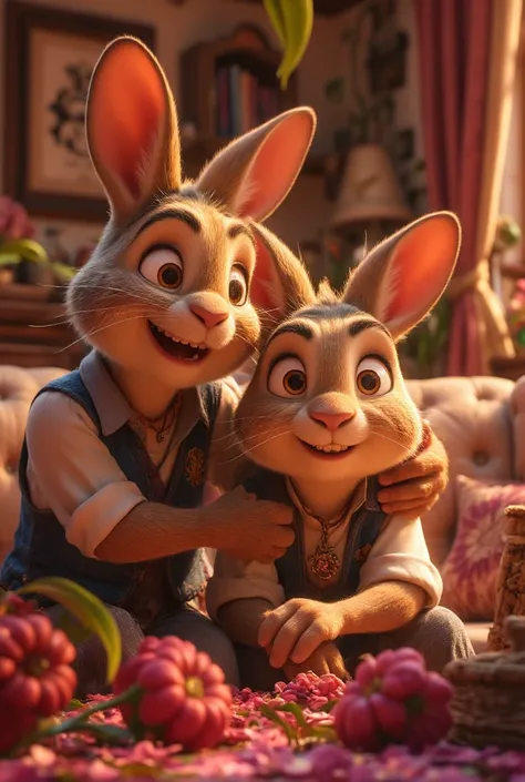 A family of three rabbits sitting on the sofa hugs their lips and the little rabbit tears up in the back. The picture appears on the grandmother bunny in the back 