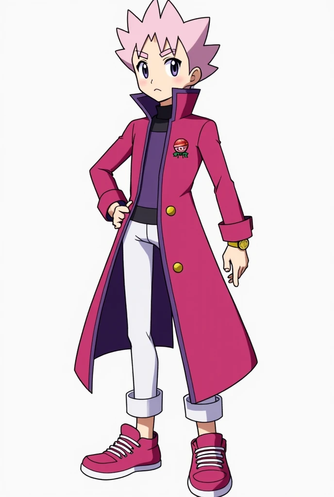  Pokemon trainer Berto has platinum pink hair and purple eyes.  He wears a long coat in deep pink and purple ,  a gold wristwatch ,  a single glove without a thumb ,  white pants and pink tabi sneakers. His coat has the symbol of a candy on his back .