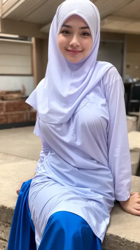  girl, flat chest, (white dress), ((wearing hijab)), ((blue skirt)), long sleeve, best quality, masterpiece, ultra high resolution, (photo realistic:1.4), RAW photo, (very large breasts,full body:1.2), looking at camera, sexy, elegant, japanese, soft cloth...