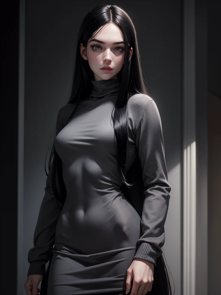 (best quality), 1girl, female, pale skin, (black hair), long hair, straight hair, grey eyes, perfect eyes, turtleneck sweater, stylish, elegant, serious, masterpiece, anatomically correct, highres
