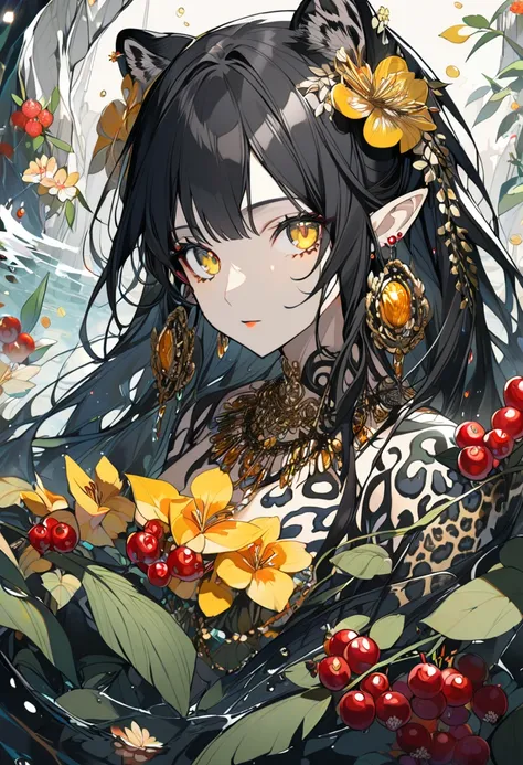 1girl, solo, long hair, breasts, looking at viewer, black hair, hair ornament, holding, jewelry, yellow eyes, upper body, flower, earrings, pointy ears, water, necklace, Berry skin, jaguar woman,