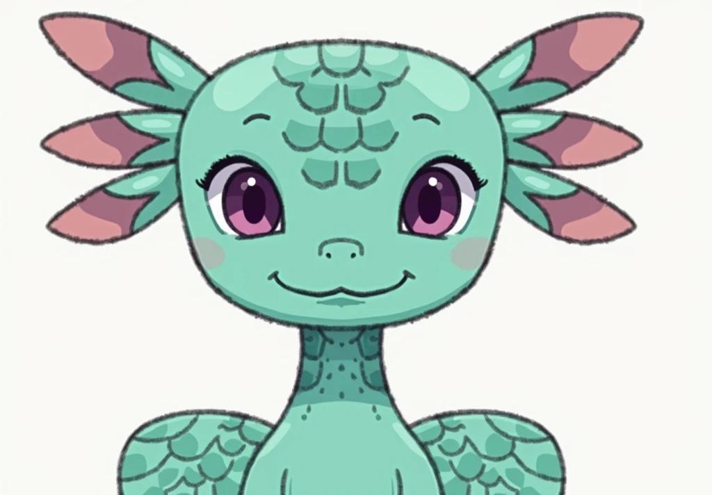 A digital illustration featuring a stylized, cartoon-like anthropomorphic creature resembling an axolotl. The creature has a light turquoise body with darker turquoise scales on its head and shoulders. Its face is simple, with large, round purple eyes and ...