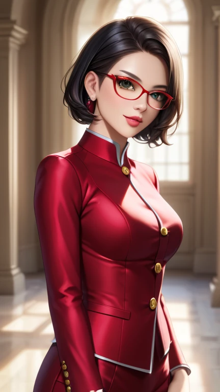 (highres,masterpiece:1.2),ultra-detailed,realistic,professional,beautiful detailed eyes,beautiful detailed lips,dark hair,short black hair,red glasses,stunning black eyes,clear skin,18-year-old girl,fashionable short hairstyle,vibrant red glasses,Shinobi A...