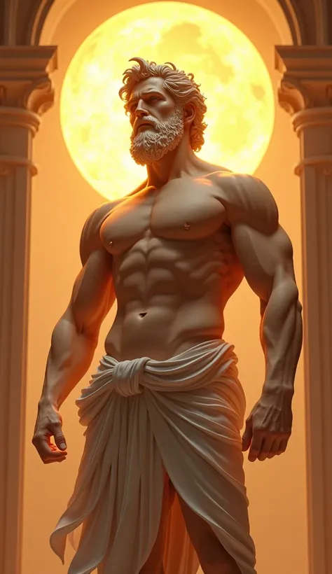  A hyperrealistic representation of the God Apollo, strong and emanating light .  In the background the sun shining . 