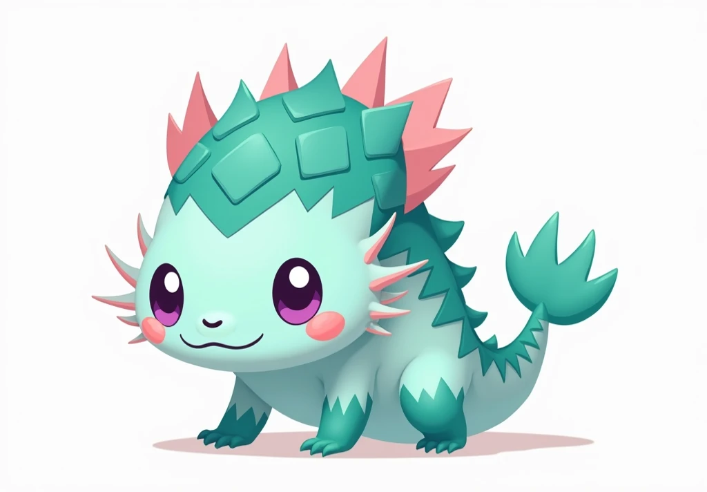 A digital illustration featuring a stylized, cartoon-like anthropomorphic creature resembling an axolotl. The creature has a light turquoise body with darker turquoise scales on its head and shoulders. Its face is simple, with large, round purple eyes and ...