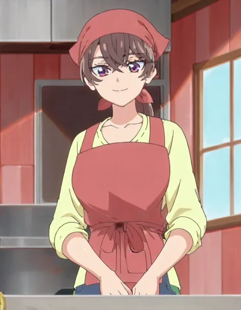 score_9, score_8_up, score_7_up, anime screencap, solo,1girl,apron,bandana,pants, brown hair, purple eyes, looking at viewer, smile, shirt, collarbone, yellow shirt, ponytail, bangs, long hair,hair between eyes,large breasts, cowboy shot