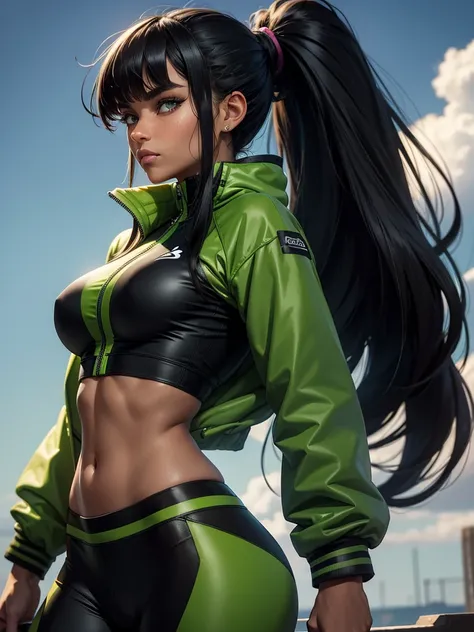 (best quality), 1girl, female, tanned skin, black hair, high ponytail, side swept bangs, long hair, green eyes, perfect eyes, athletic jacket, leggings, athletic, smug, masterpiece, anatomically correct, highres
