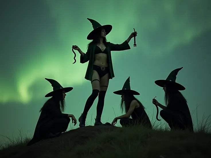 night, dawn, Dark Valley , take the key,  A sexy witch in dark green clothing short ,  pentagram necklace,  witch hat ,  long black hair , very tight black leagging pants , black snake in the HANDS ,  doing leadership pose on top of a hill, with other witc...