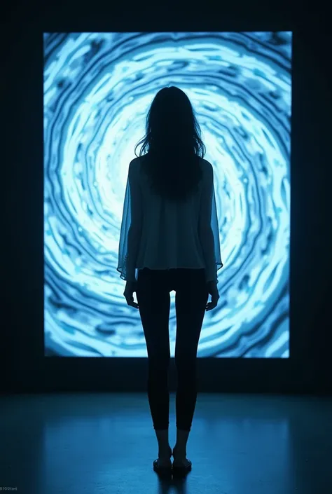 A woman in leggings and a top with flowing hair looks at a screen with a hypnotic spiral that fascinates her