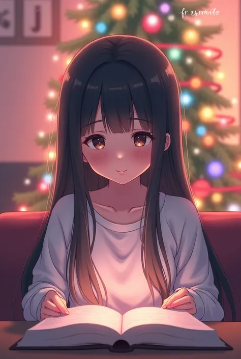 a girl who reads ,  has dark and long hair ,  she is dressed in a white top and her pants are hidden from the table where the book she reads is placed,  has a happy expression and behind her there is a Christmas tree on a pink background 