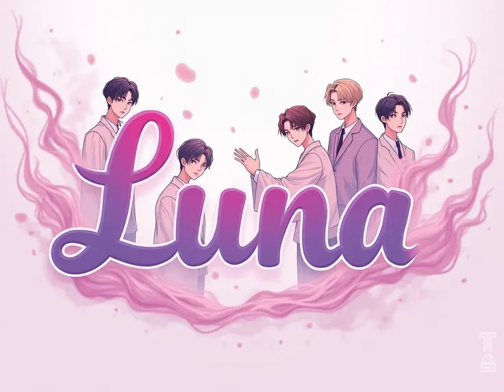 le prenom luna  enrose et violet  avec autour les chanteurs du groupe BTS avec de la fuméé mauve en version manga 