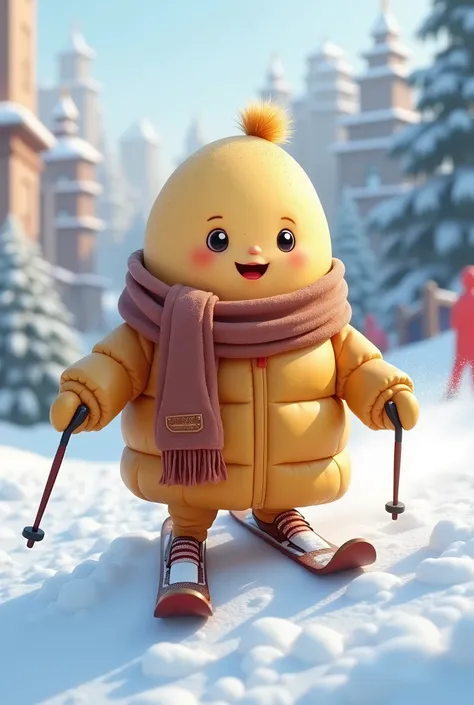 An anthropomorphized small potato, wearing a cozy scarf and a puffy down jacket, styled based on a southern Chinese person, skiing in Harbin. The potato character has a cute, cheerful expression, with small arms and legs, and is confidently navigating the ...