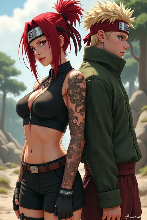 Oc from Naruto attached to the anime woman with red hair tied to a ponytail and a red eye and the other green with the konoha bandana and clothes by Ino Yamanaka and with piercings on her lip she is in the center and in the nose and ears and muscular more ...