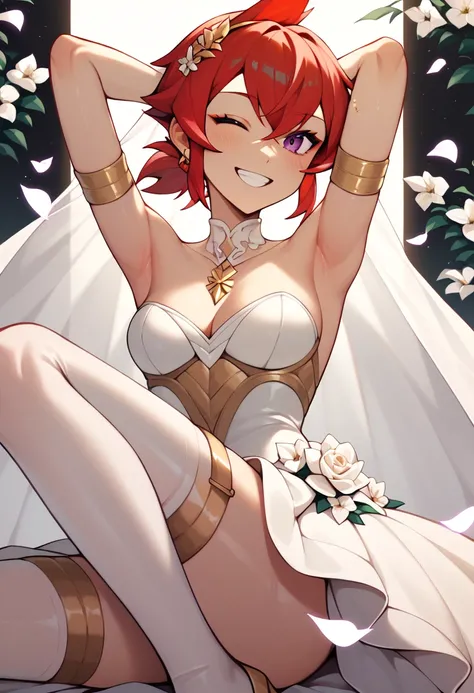 Mars, red nails, smiling, red hair, short ponytail hairstyle, purple eyes, gold earings, gold brasalet,  winking one eye, white wedding dress, white flowers in hand, veil on hair, showing leg, showing armpit, 