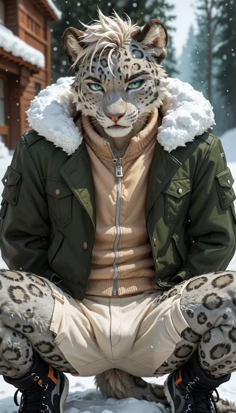 (zPDXL2), (PonyXLV6_Scores), source_anime, Expressiveh, full body shot, BREAK
lhata4564, d3t41l3d, 

Anthro, furry, male, Snow leopard with eyeliner in a green M65 jacket, spread legs