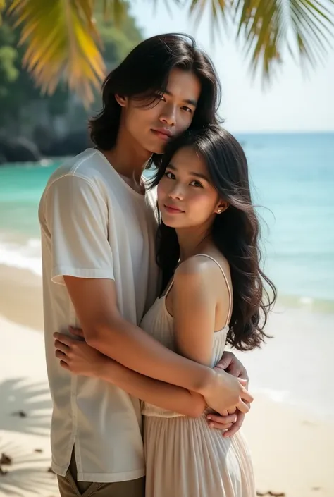 A gondrong-haired Indonesian man is hugging a young woman from behind them facing towards the camera on a beach