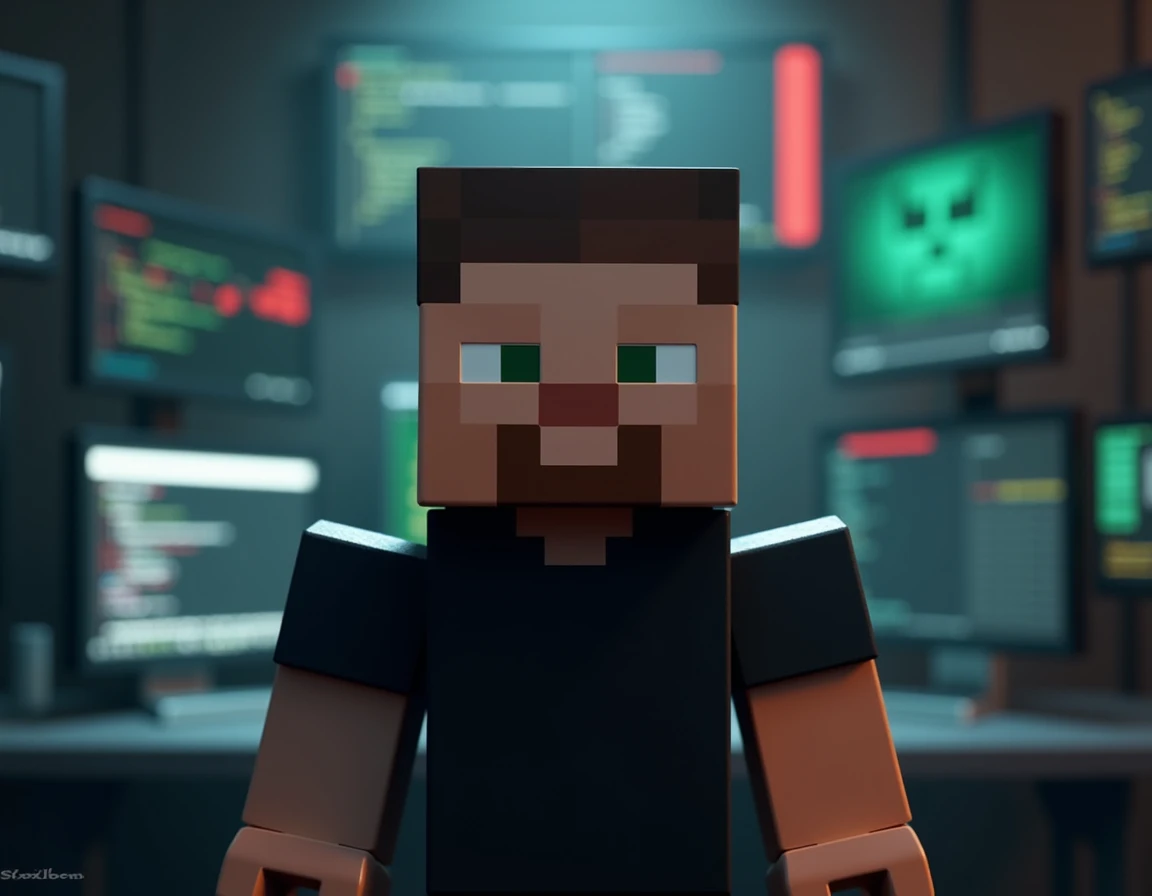 make steve from minecraft facing forward, with a black t-shirt, and there should be hacker screens in the back.