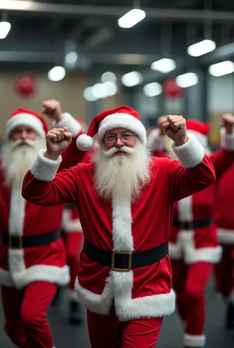 Group of people ,  dressed as Santa Claus ,  training together at a gym 