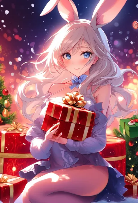 {{worst quality, low-quality}}, Rabbit eared girl, Solo, Red Playboy Bunny, slender, ((Large breasts)), ((Long silver hair)), Pretty Face,　Young features, plump shiny lips, A beautiful Blue eyes, Spoken Heart, ((Christmas themed playboy bunny)), ((fishnet ...