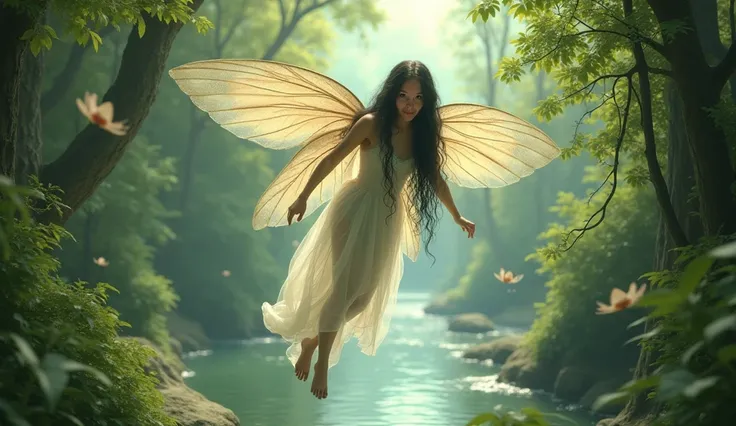 Hyperrealistic illustration of a fairy with very long, wavy, black hair who floats flying among the branches, she has been discovered and looks with surprise at the camera, she is wearing a long, very fine white dress, almost transparent, she is beautiful,...