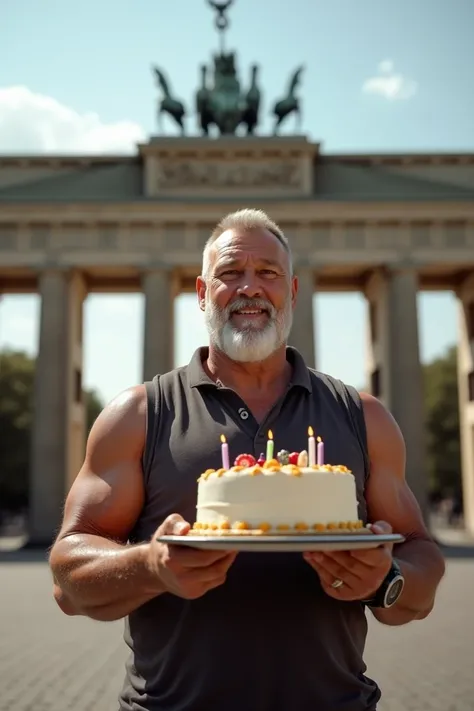 A muscular daddy with a small white beard carrying a birthday cake under the Brandenburg Gate in Berlin