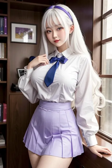 a 19 year old woman, Big white hair , bee, purple eyes,  medium tits ,  white blouse and blue school skirt