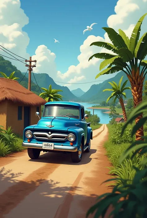 A road with a blue pickup truck in the pickup on the white pickup plate with the numbers 1954 on the same plate under the number the name Vinicio in the background a mud house next to the house a river on the other side of the banana tree loaded with banan...