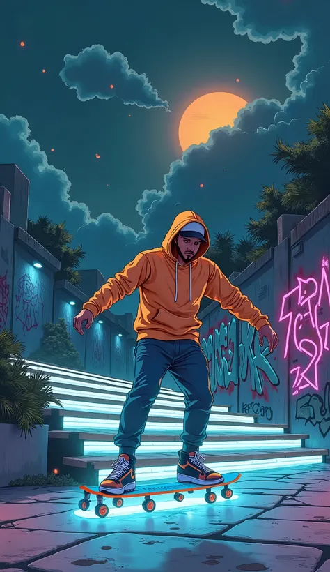 A vibrant and dynamic digital art illustration of a guy skating energetically in an urban post-apocalyptic environment. The character wears modern, stylish urban clothing, including a hoodie and sneakers, and is captured mid-skating move. The scene is infu...