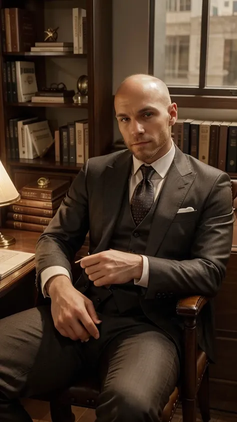 Generates an image of a white-skinned man,  almost completely bald with many visible spots where hair would grow.  The man must not have a beard and is dressed in an elegant suit and tie.  He is seated in a high-quality leather chair inside a luxurious off...