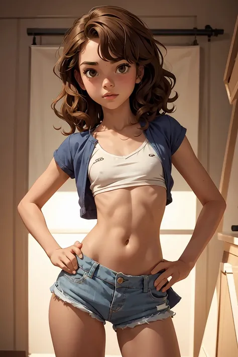 A cute teenage girl, wavy hair, Very short shorts, flat chest like a boy, Slender body, Very detailed, Anatomically correct, 