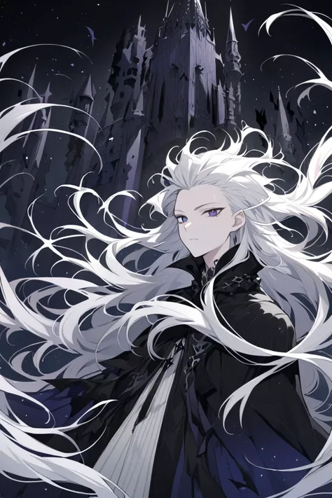 male, dark wizard, majestic, dark castle backgroung, messy hair, curly hair, long white hair, hair pulled back, wild hair, floating, gothic, dark indigo