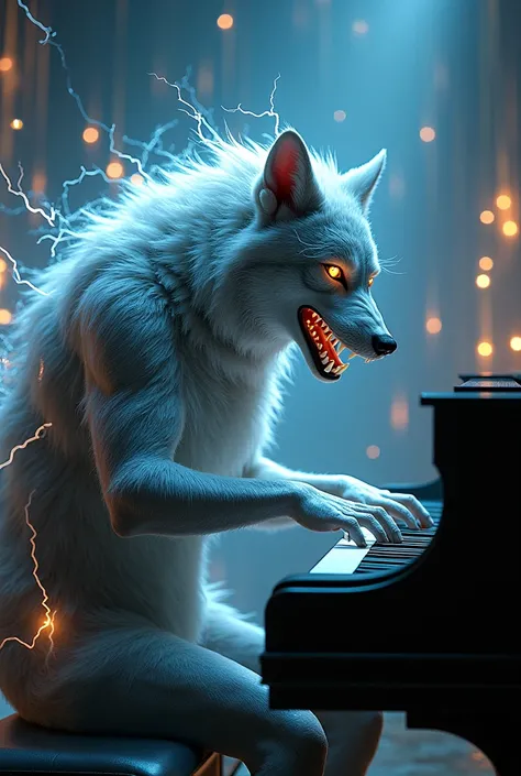 Wolfgang Amadeus Mozart playing the piano turned into an electric wolf 