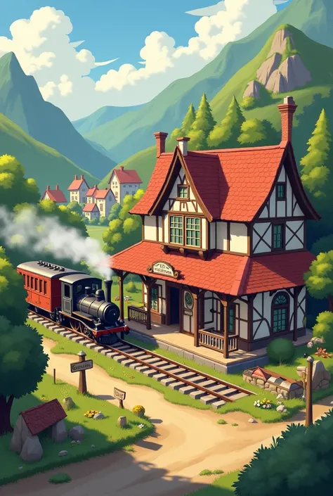 romantic little painted village train station with train and platform