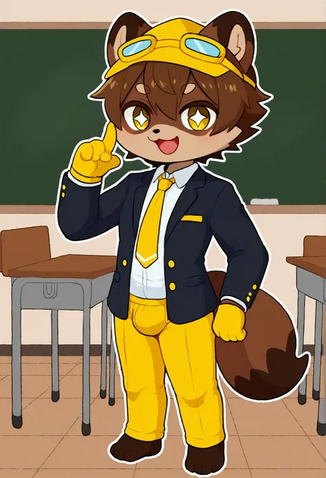 tanuki, furry, bodyfur, hair, tail, school uniform, yellow cap, yellow goggles, navy blazer, white shirts, yellow tie, yellow jersey pants, long pants, yellow gloves, barefoot, chibi, sparkling eyes, yellow eyes, happy, full body, classroom, solo, bulge